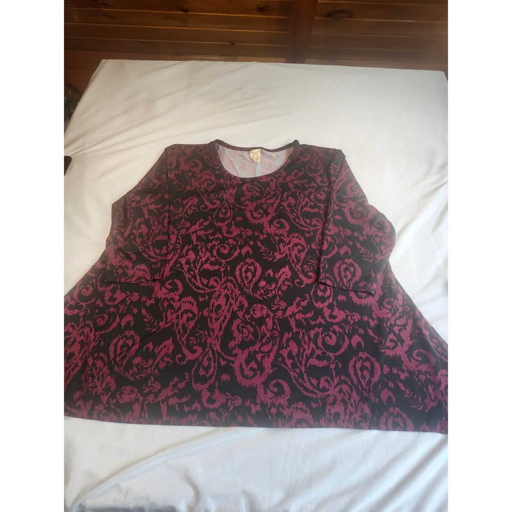 Faded Glory Womens 2X Tunic Top Bordeaux Combo Sharkbite Hem 3/4 Sleeve FGW36045